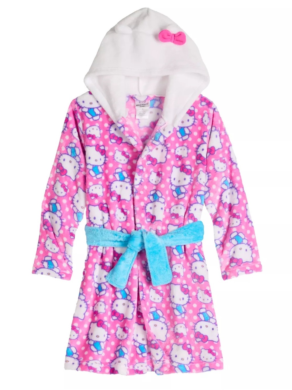 Hello Kitty Pink Plush Hooded Robe with White Hood and Blue Belt